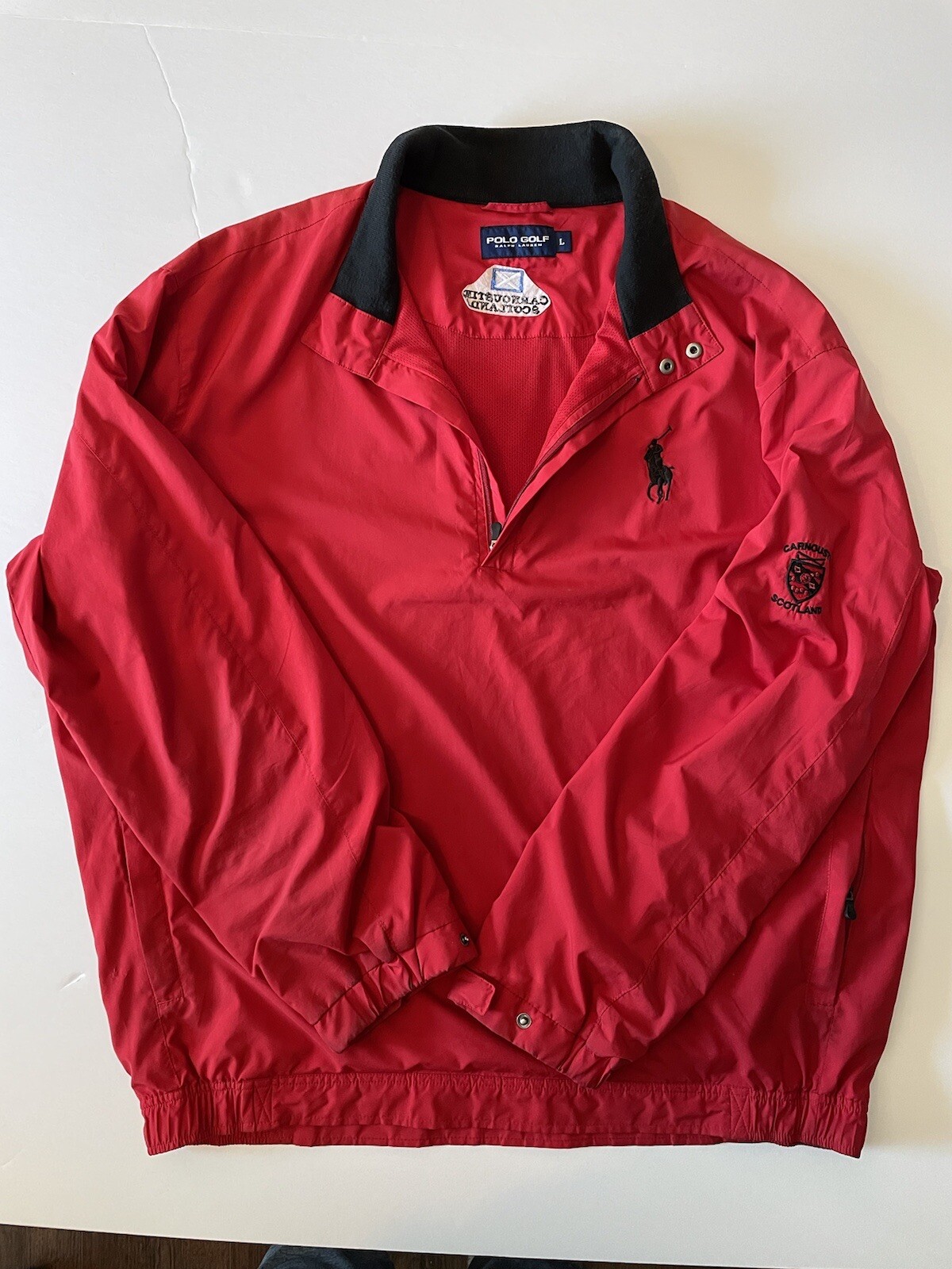 Polo Ralph Lauren Red Golf Jacket L Pony ricamato Carnoustie Scozia difetto