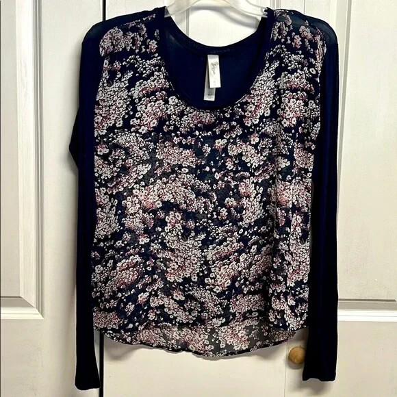 Loriner Black Pink Floral Print Sheer / Woven Long Sleeve Top Size L