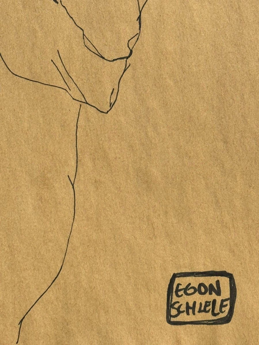 Egon Schiele (Handmade) Drawing On Old Paper Signed & Stamped, Vtg
