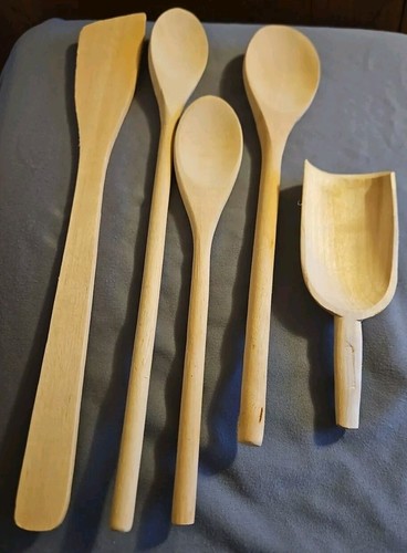 Vntg Organic Blank Wooden Spoons Utensils Unpainted Set Of 5 Yugoslavia - Picture 2 of 8