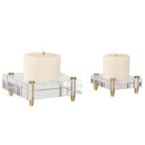 Uttermost Claire 2-Piece Crystal Block Candle Holder Set in Brass/Off White - Picture 1 of 4