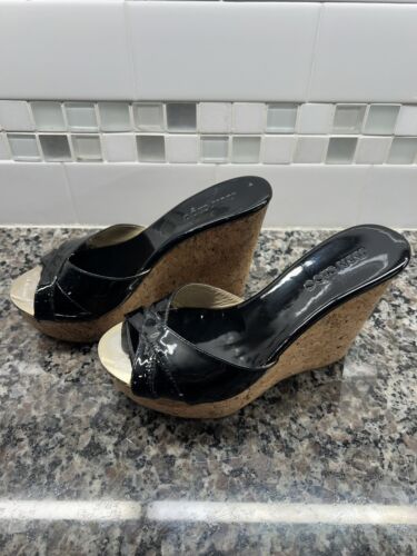 Jimmy Choo Womens Black Patent Leather Wedge Cork Platform Sandal Sz 35 EU 5 US