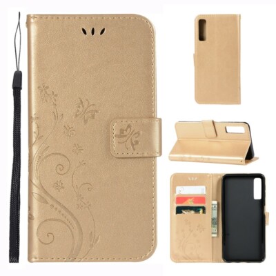 Wallet Case Butterfly Flower Motiv Tasche Hülle Gold für Samsung Galaxy A7 2018