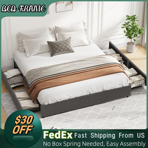 Full Queen Size Bed Frame with 4 Storage Drawers Heavy Duty Upholstered Platform - Picture 11 of 28