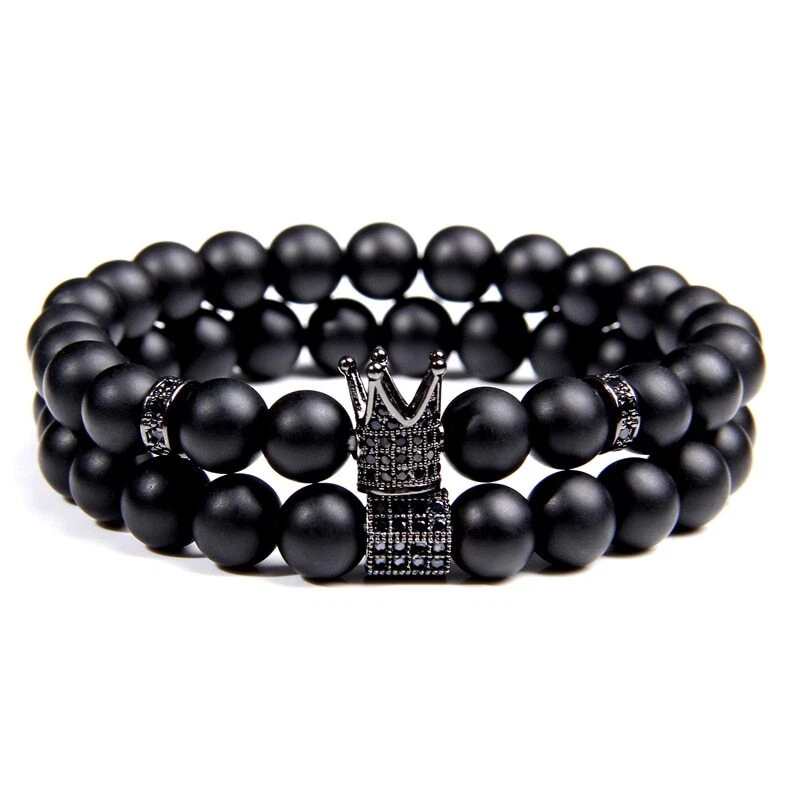 Juego de 2 brazaletes corona circonita cúbica 8 mm negro mate ónix cuentas pulsera para mujer hombre regalo Foto 4 de 4