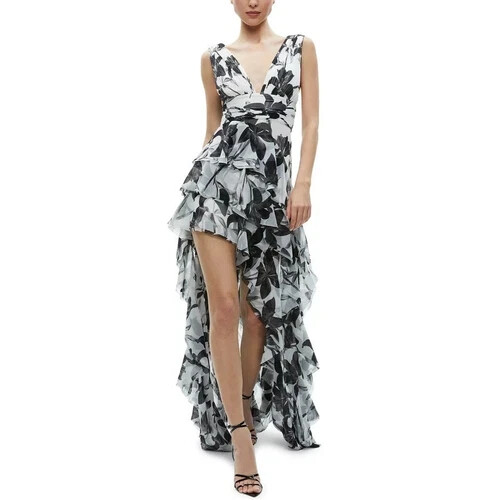 Alice + Olivia Holly MAXIKLEID HOCH NIEDRIG RÜSCHEN GEBLÜMT SCHWARZ WEISS NEU MIT ETIKETT $ 795 UVP - Bild 1 von 16