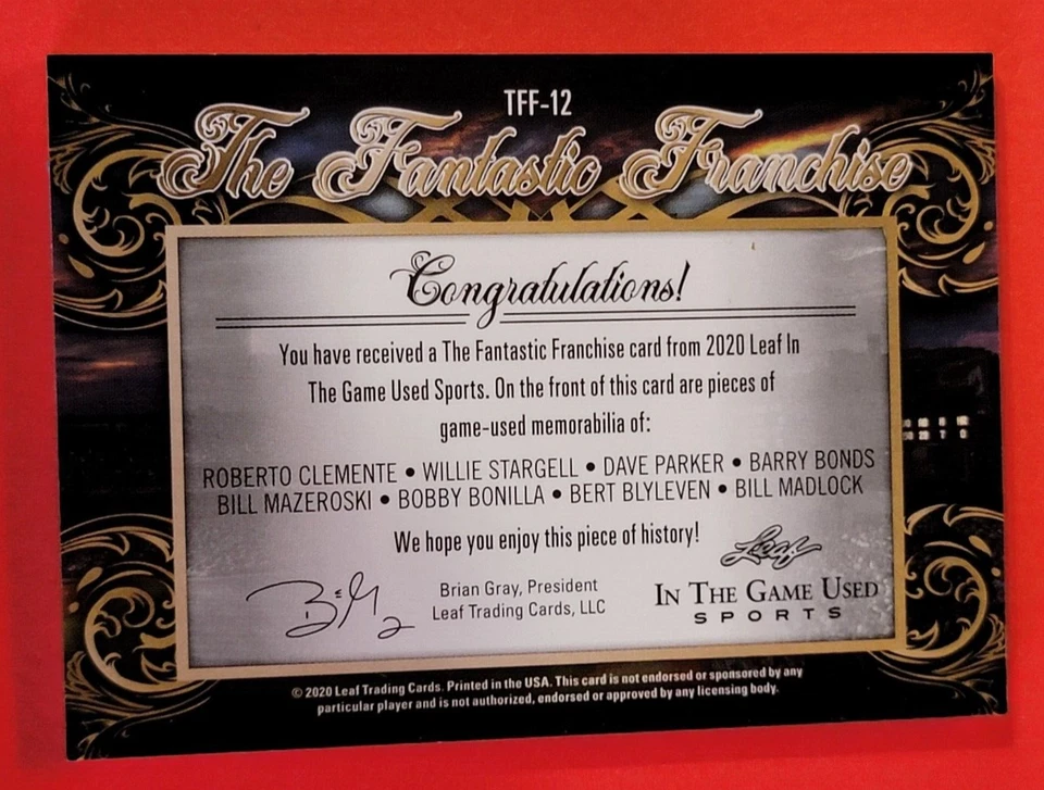 TARJETA DE MURCIÉLAGO ROBERTO CLEMENTE #d5/12 CAMISETA DE WILLIE STARGELL BARRY BONDS MAZEROSKI Foto 2 de 3