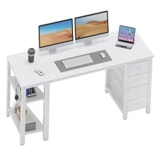  Computer Desk with Fabric Drawers & Storage Shelves, 55 Inch Study 55.1" White