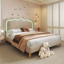 Polsterbett 140x200 Kinder Jugendbett Bettrahmen Bettgestell mit LED Licht Beige