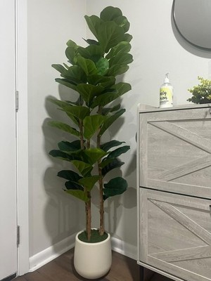 Faux Ficus Tree with Natural Wood Trunks, Lifelike Indoor Plant with White Pot