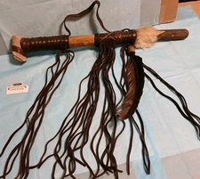 Vintage  Native American Smokable  Peace Pipe • Wood, Antler Crown, Leather, Fur