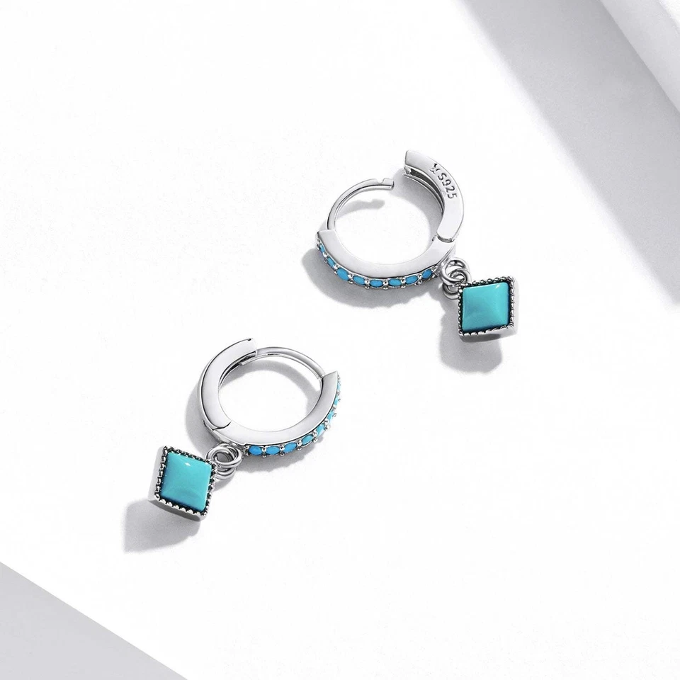 SOLID Sterling Silver Natural Turquoise Huggie Hoop Earrings by YOUnique Designs - image 3 of 4