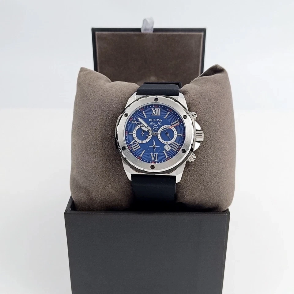 Men's Bulova Marine Star 98B258 Blue Dial Silicone Strap Chrono Quartz Watch - Image 3 of 4