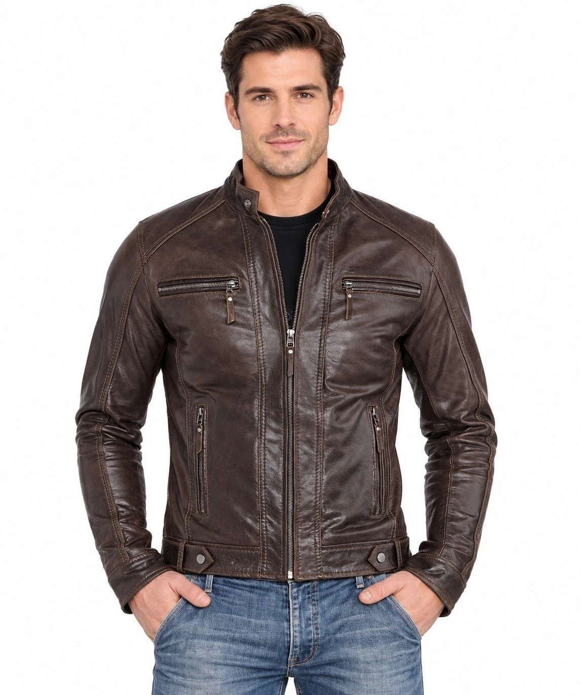 Genuine Lambskin Leather Jackets For Men Motorcycle Rider Outerwear Brown - product detail image 1