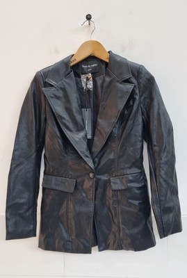 Drole De Copine Jacket Black Faux Leather Collared Jacket Coat Size Small.