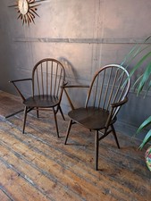 Pair of Vintage Ercol Windsor Carver 370A Dining Chairs Armchairs Elm & Beech