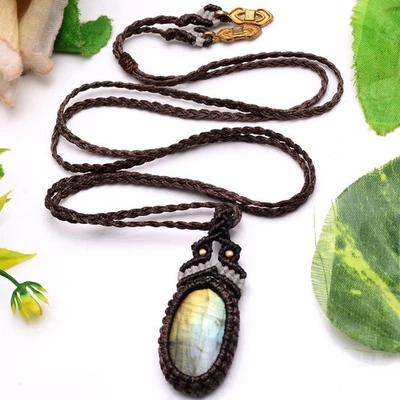 Natürlich Labradorite Handgefertigt Boho Makramee Anhänger Heil Kristall Kette - Bild 1 von 4