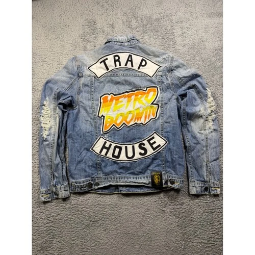 Posh NYC Metro Boomin Trap House Distressed Denim Jacket Light Wash Mens Small image 7
