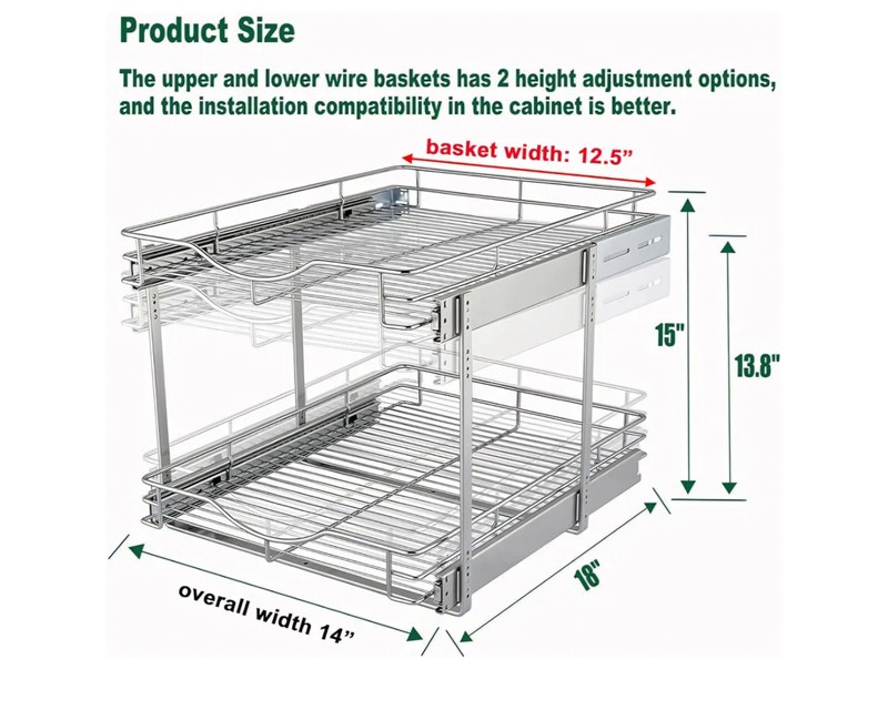 Din Don 14" Wide x 18" Deep 2 Tier Pull Out Cabinet Organizer