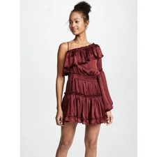 MISA Los Angeles Lucien Dress Off Shoulder Mini Satin Ruffle Cranberry Sz XS