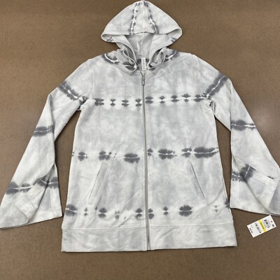 Ideology Women's Size Medium Gray Tie Dye Bell Sleeve Full Zip Hoodie NWT