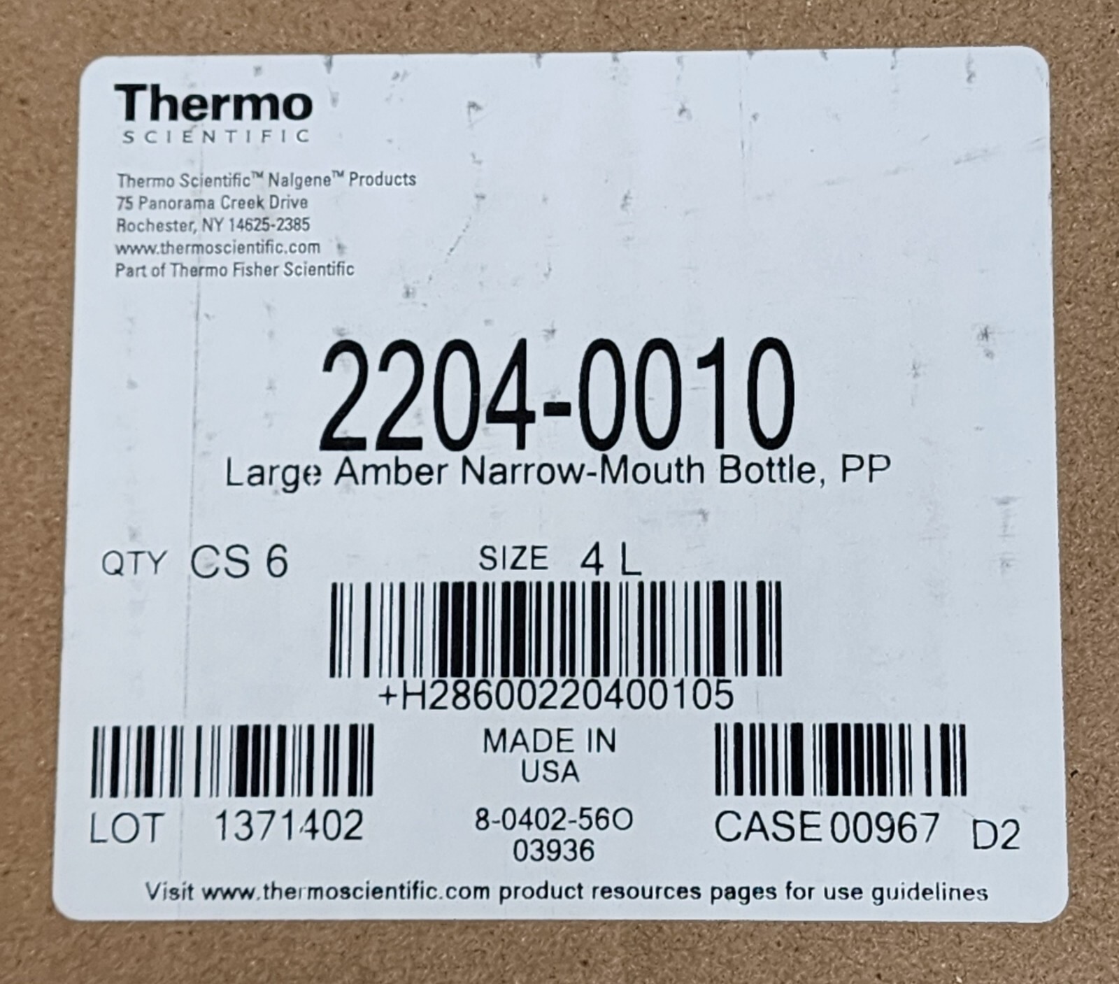Box of 6 Thermo 2204-0010 4-Liter(1-Gal) Nalgene Large Narrow-Mouth Amber Bottle