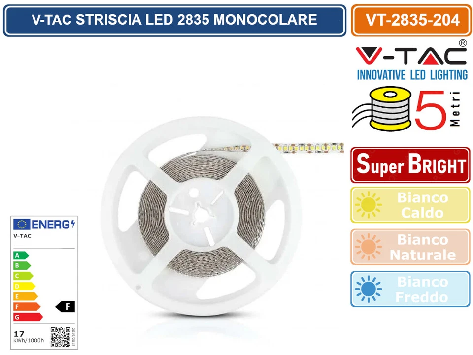 V-TAC STRISCIA LED 3528 MONOCOLORE 204 LED/METRO BOBINA DA 5 METRI 8500 LUMEN - Immagine 3 di 3