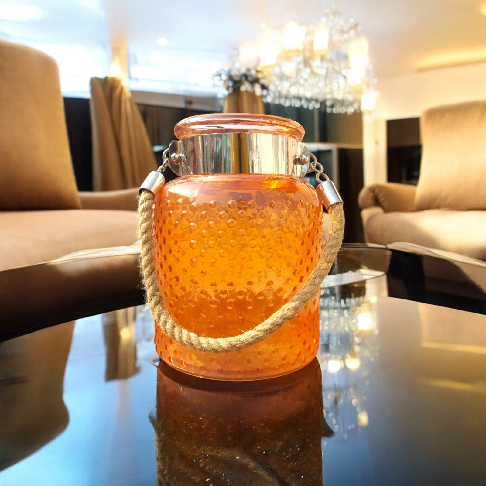8.50" H Orange Glass Jar In Embossed Design With Hanging Jute Rope