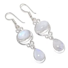 Rainbow Moonstone Gemstone Handmade 925 Sterling Silver Jewelry Earring Sz 2.4"
