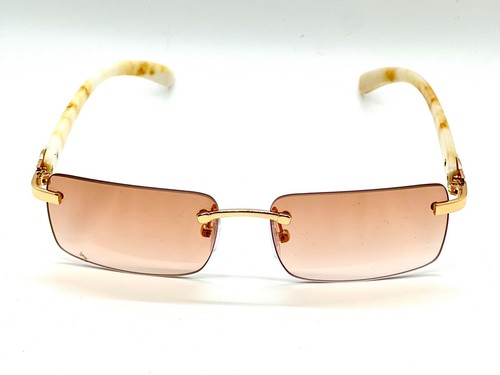 Herren Vintage Gold Gestell Randlos Hip Hop Schwarz Holzmaserung Klare Gläser Brille - Bild 75 von 104