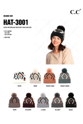 Jinscloset Exclusive Soft Aztec Pattern Beanie With Faux Fur Pom