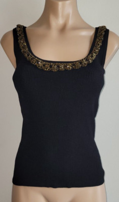 Cache Y2K Retro Small Black Micro Ribbed Gold Beaded Scoop Neck Top