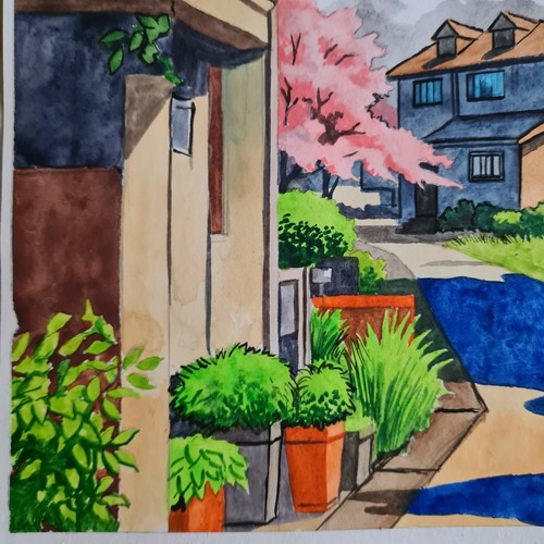 Japanese City Art Cityscape Painting Original Watercolor Painting Sakura Art - Picture 6 of 10