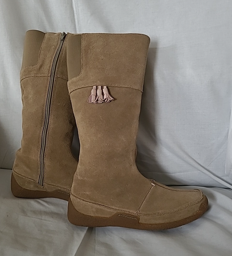 Clarks Beige Suede Calf Length Boots UK Size 4.5 Elasticated Calf VGC - Picture 2 of 15
