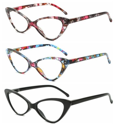 Bifocal Women's Cat Eye Mini Black Blue Flower Bifocal Reading Glass +1.0~+3.0
