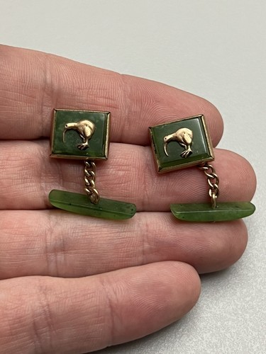 Great Antique Fine 9ct Gold & Green Jade Estate KIWI Bird Estate Cufflinks 8.6g - Picture 8 of 9