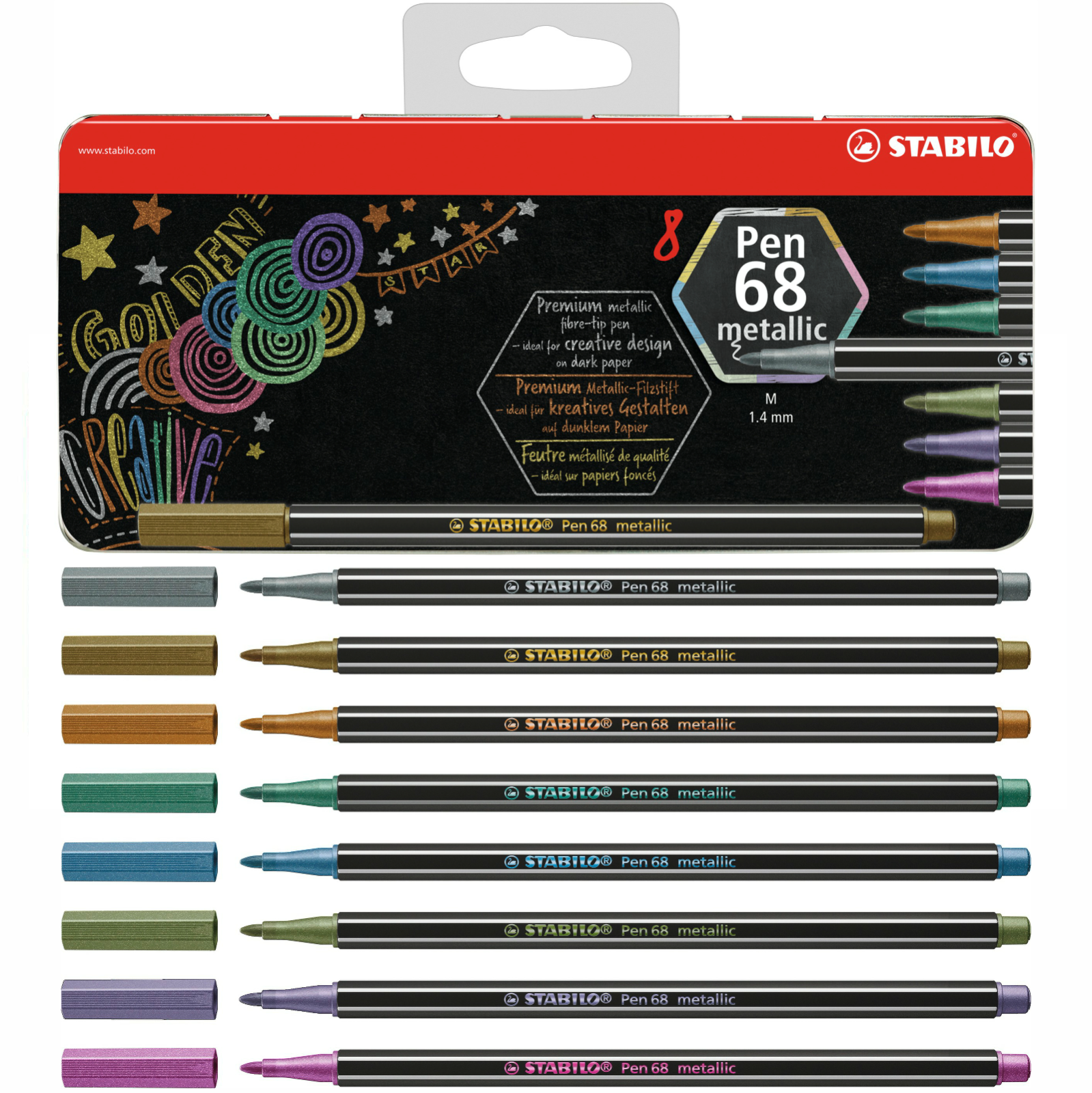 Premium Metallic Fibre-Tip Pen - STABILO Pen 68 metallic - Tin of 8 - Assorted