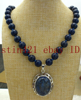 Natural 10mm Blue Egyptian Lapis lazuli Round Gemstone Pendant Necklace 18'' AAA