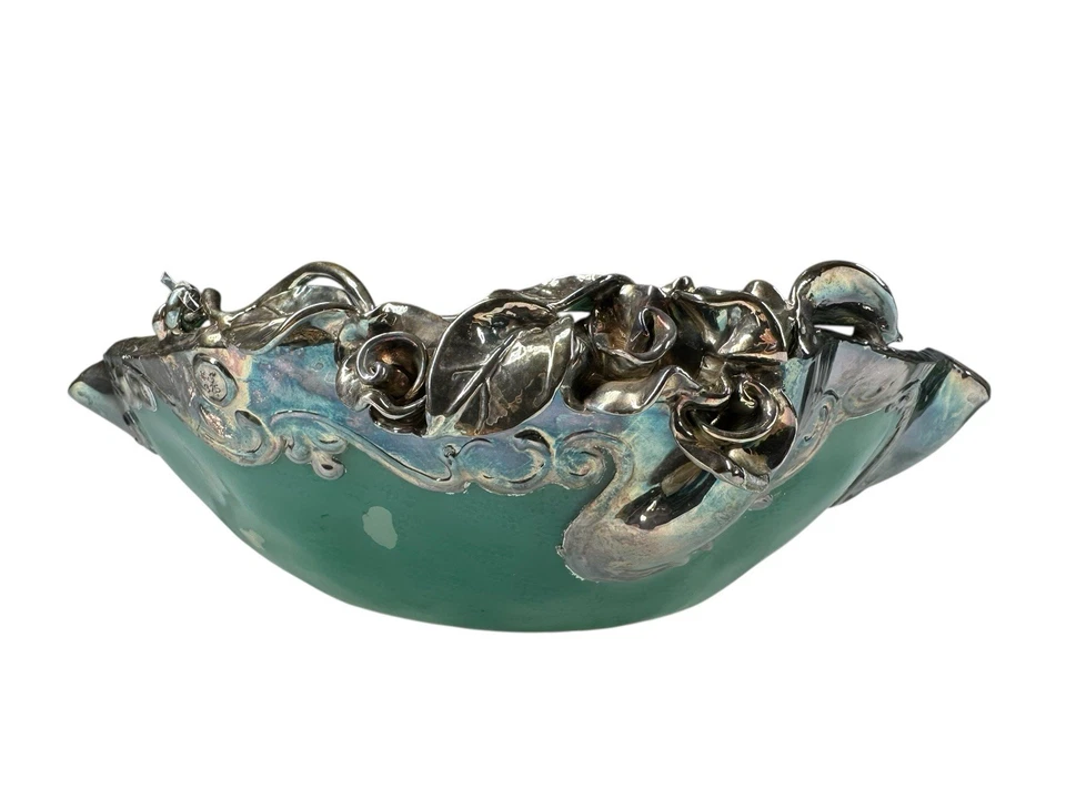 Par de cuencos de vidrio artístico verde montados en plata de ley con flores Foto 2 de 4