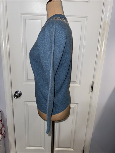 VTG JC Pennys 100% Wool Blue Cardigan Button Down Sweater Floral Neckline Small - Afbeelding 5 van 12