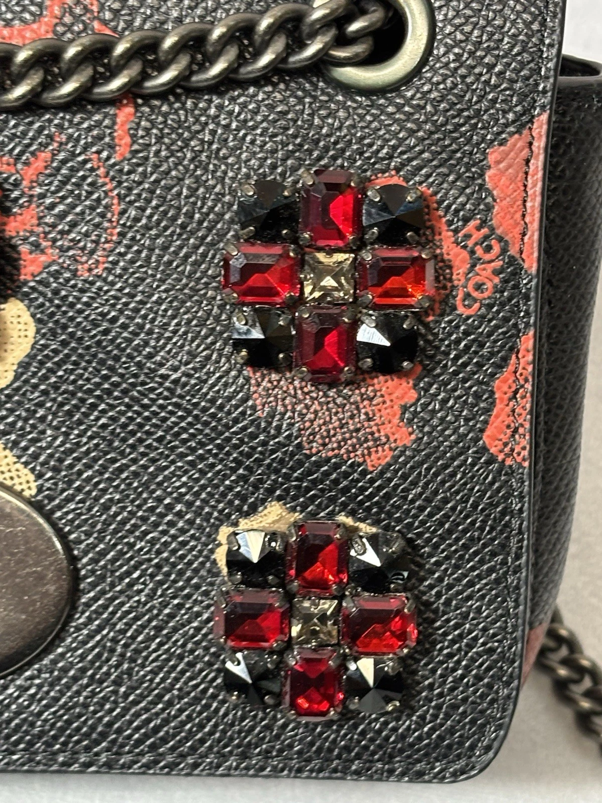 Coach Mini Borsa a Tracolla in Pelle Nera Stampa Floreale con Gioielli City Designer