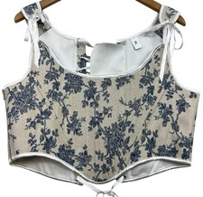 Womens Bustier Corset Top Tie Straps Lace-Up Back Size XL Beige Blue Floral