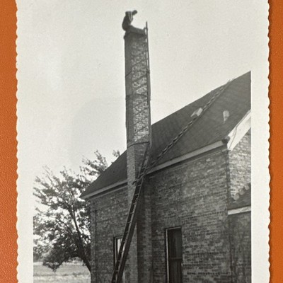 VINTAGE PHOTO House Construction Man Perched On Ceiling High Up ORIGINAL