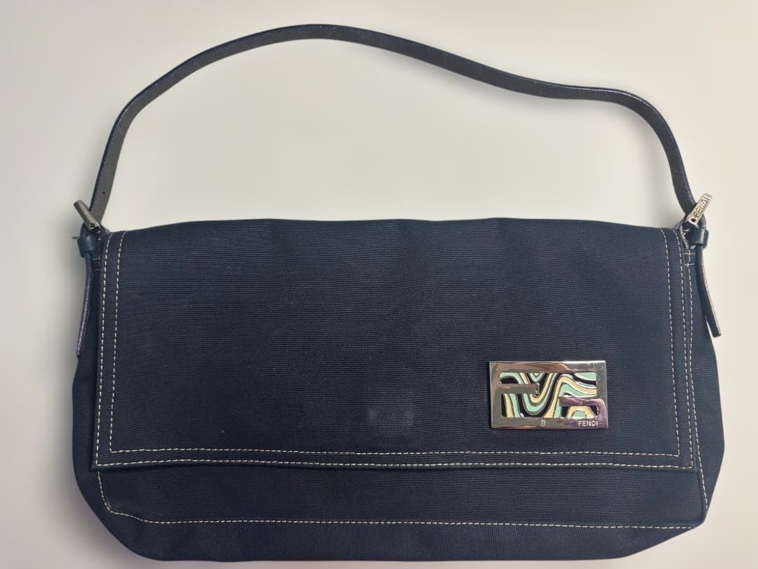 FENDI One Shoulder Bag Purse FF Baguette Denim Leather Navy Authentic