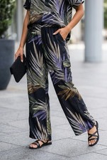 T Tahari Wide Leg Palazzo Pants Tropical Floral Leaf Print Black M