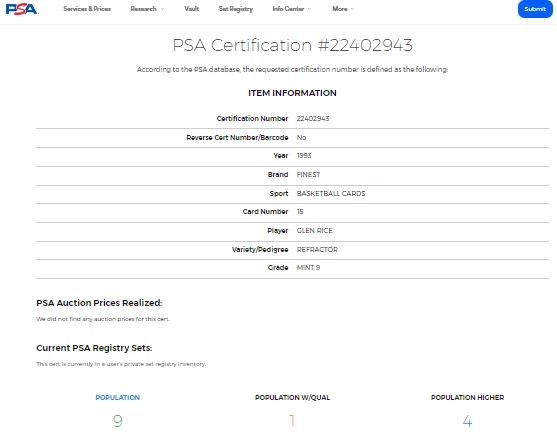 1993 1993-94 Topps Finest Refractor #15 Glen Rice PSA 9 *Only 4 Graded Higher* - Image 3 of 3