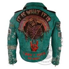Handmade Men's Brando Multicolor Belted Gothic Steampunk Genuine Leather Jacket