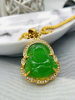Jade Buddha Pendant Necklace W/ 18K Gold Plated Crystal Charm Hip Hop Chain