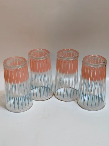 Vintage Set of 4 Anchor Hocking Aurora Pink Turquoise White Gold Edge Tumblers