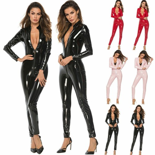 Women's Sexy Wet Look Catsuit Bodysuit Jumpsuit Leather Leotard Clubwear Zipper - Picture 5 of 28